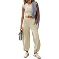 thumbnail image 2 of Pimfylm Women's 2 Piece Set Summer Outfits Lounge Sets Ruched Short Sleeve Tops High Waisted Wide Leg Pants Tracksuit Sets Beige, M, 2 of 9
