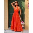 thumbnail image 3 of Orange Women Deep V-Neck Halter Vacation Dress Ruffle Hem Tiered Maxi, 3 of 4