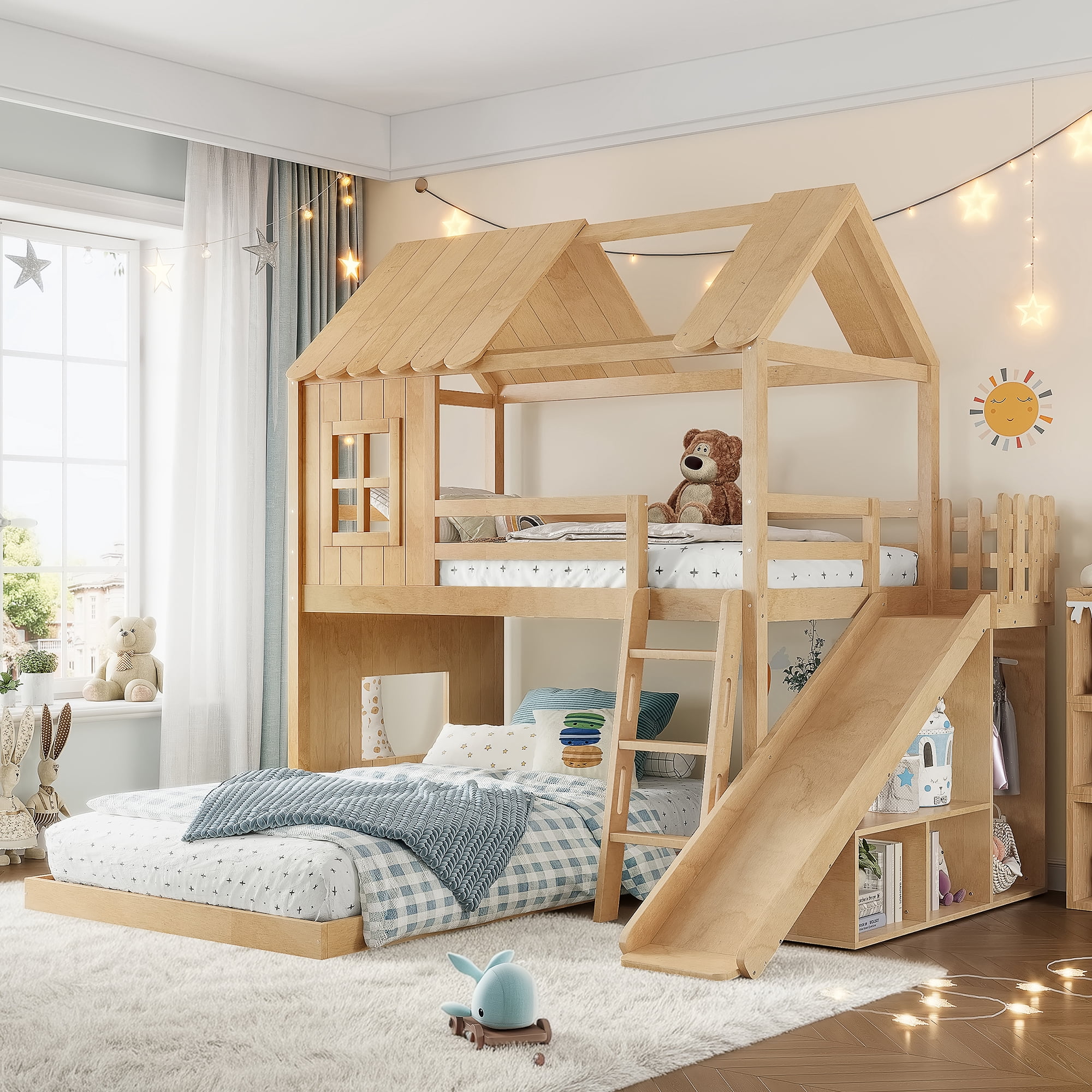 Leumius Twin over Full House Bunk Bed with Ladders and Slides, House Floor Bunk Bed Frame with Storage Shelves and Wardrobe, Playhouse Design for Boys Girls Natural