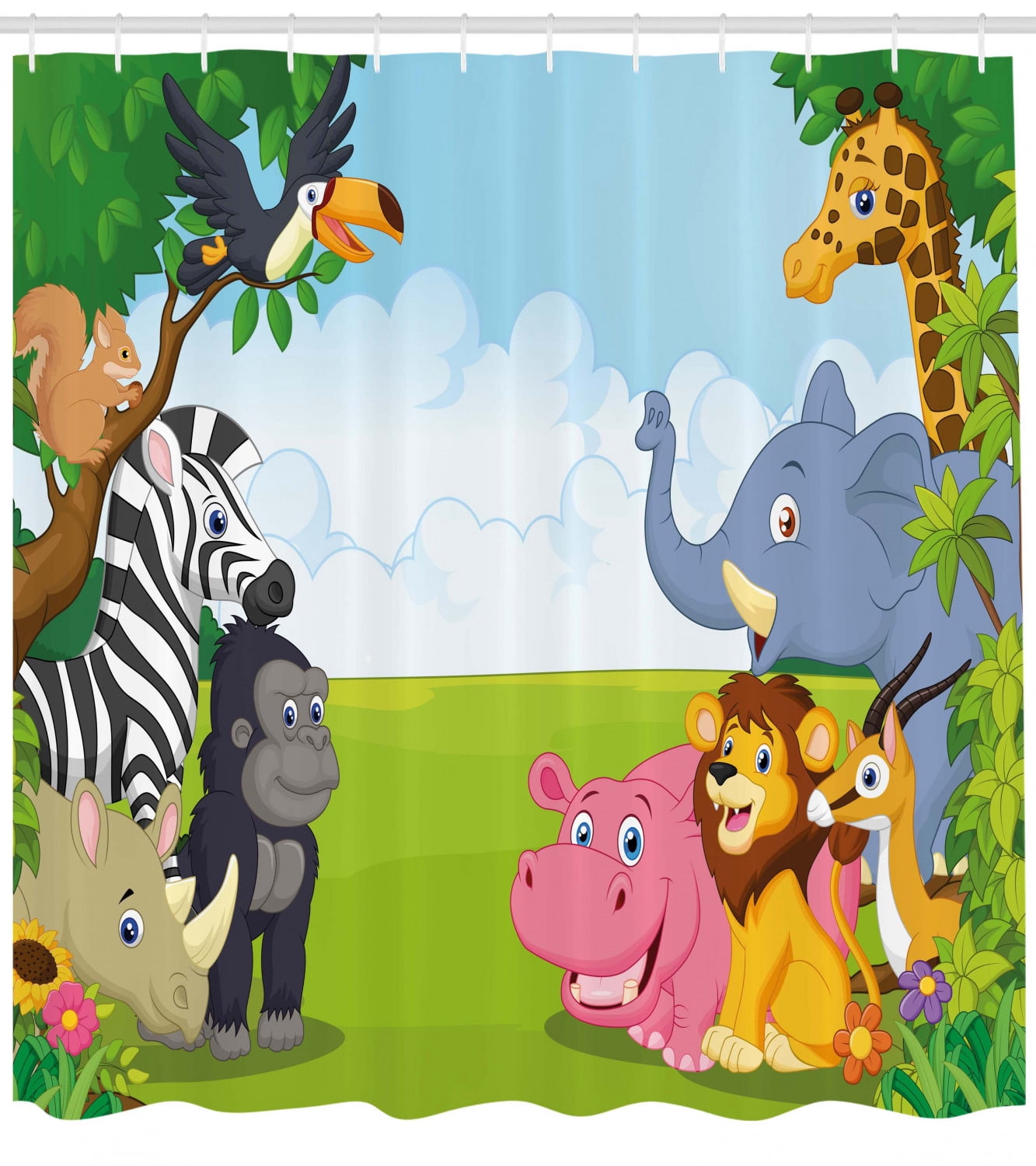 Cartoon Baby Safari Wild Animals In A Train With Striped Backdrop Toys Artwork Print Ambesonne Animal Shower Curtain Cloth Fabric Bathroom Decor Set With Hooks 84 Inches Extra Long Blue Green Shower