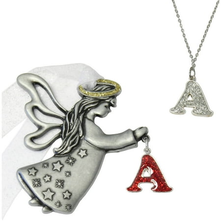 Angel Fish Glass Necklace - 2pc Initial Angel Ornament and Necklace Set, 18