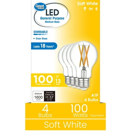 Great Value 18YR A19 LED Light Bulb, 13W(100W Equivalent) Dimmable Soft White E26 Medium Base (4 PACK)