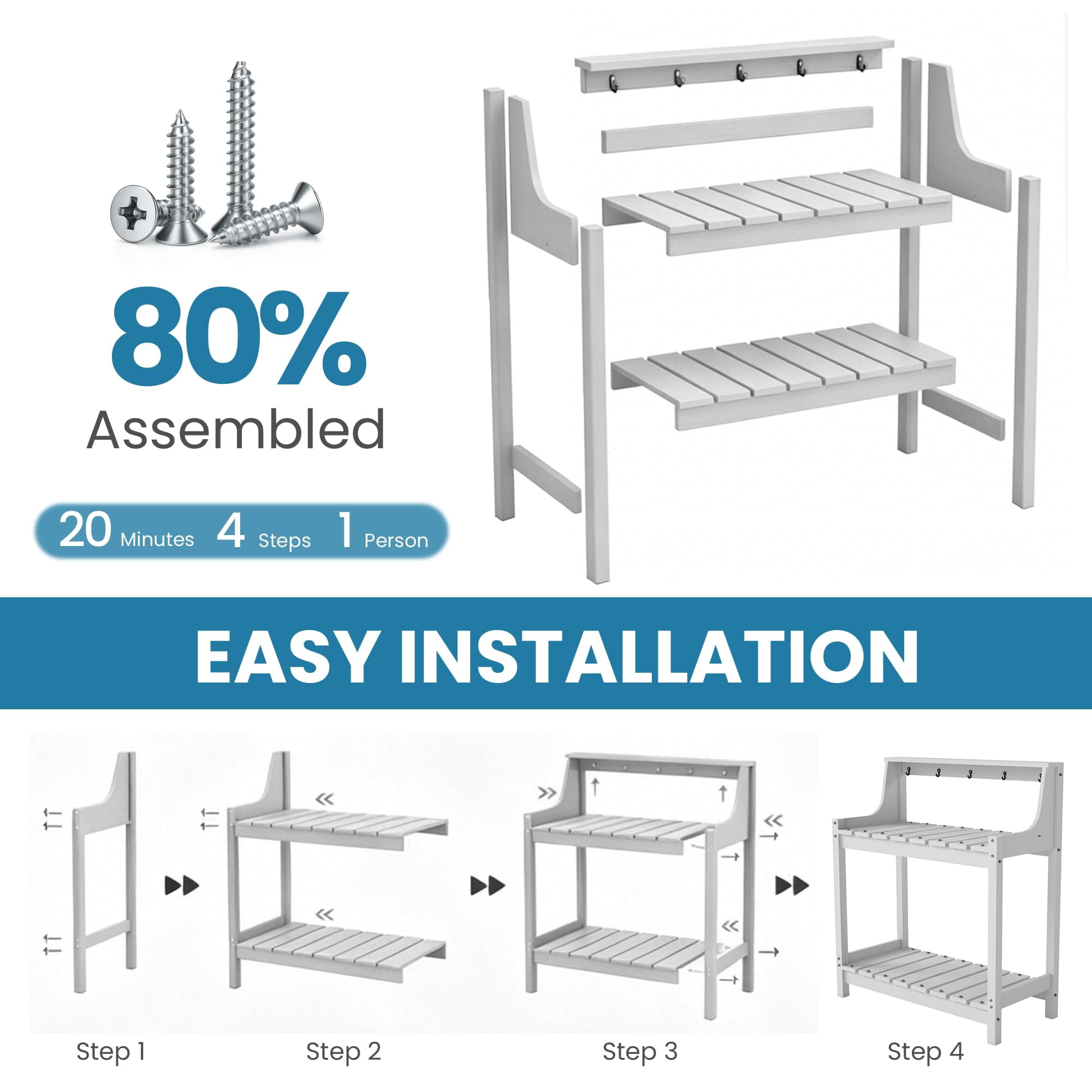 HDPE Outdoor Potting Bench, All-Weather Garden Potting Table, 3-Tier Storage Workstation for Patio Backyard Garden