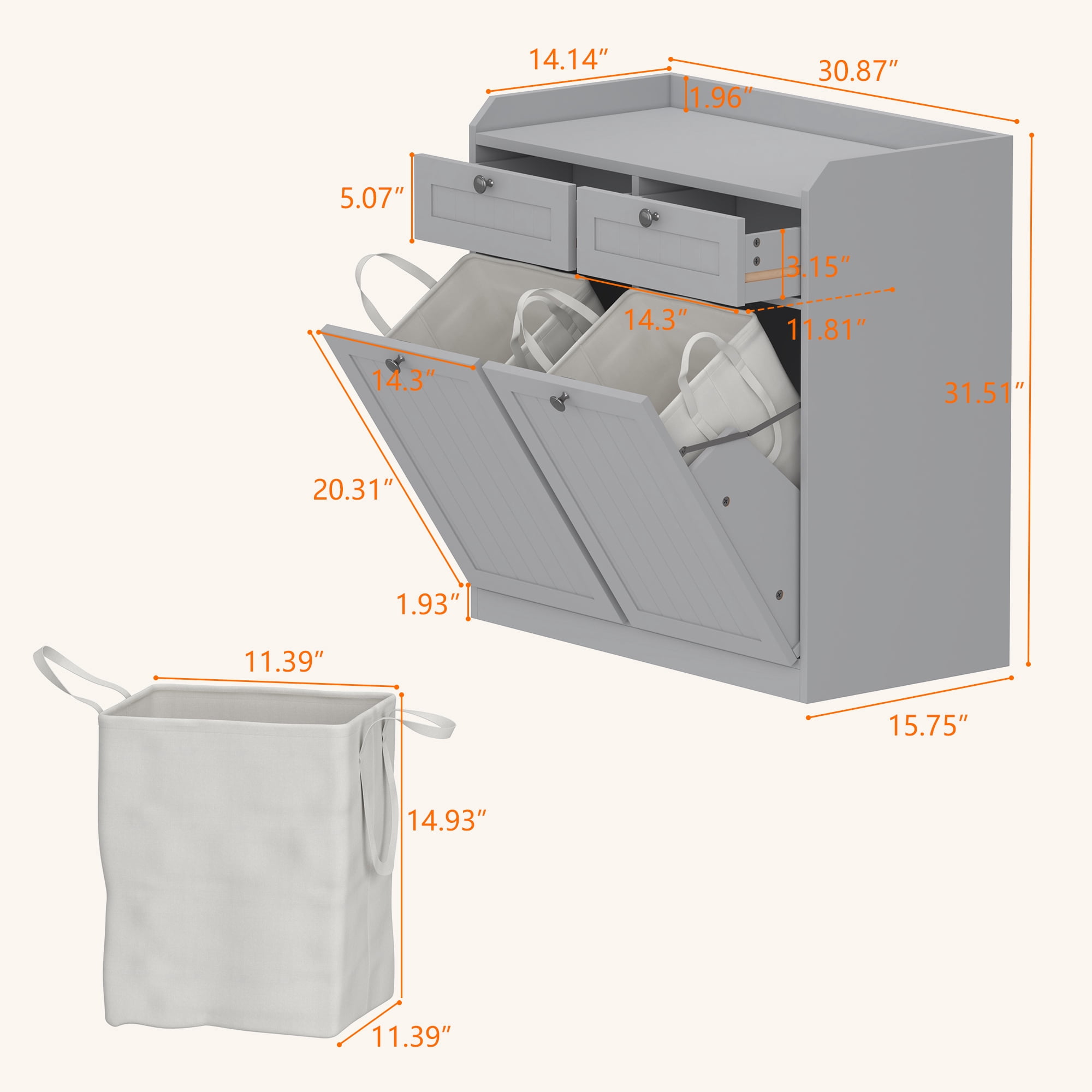 Tilt Out Laundry Cabinet Bathroom Laundry Cabinet Bathroom Storage Cabinet with 2 Hampers Baskets and Drawers,Gray