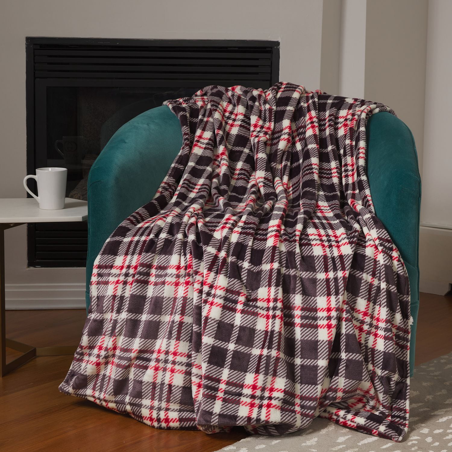 ClimateRight by Cuddl Duds Oversized Throw With A Cozy Sherpa Pocket For Your Feet, Cream Gray/Red Plaid