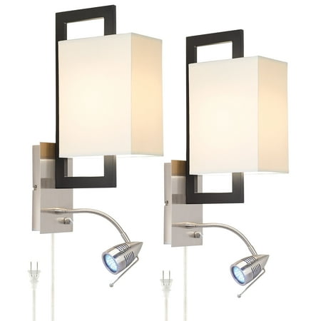 

Possini Euro Design Modern Wall Lamps Set of 2 Nickel Black Plug-In 4 3/4 Adjustable Reading Light Off-White Shade for Bedroom