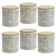 Angle View: Pfaltzgraff Set of 6 4.5-inch White and Gray Floral Canisters with Bamboo Lids