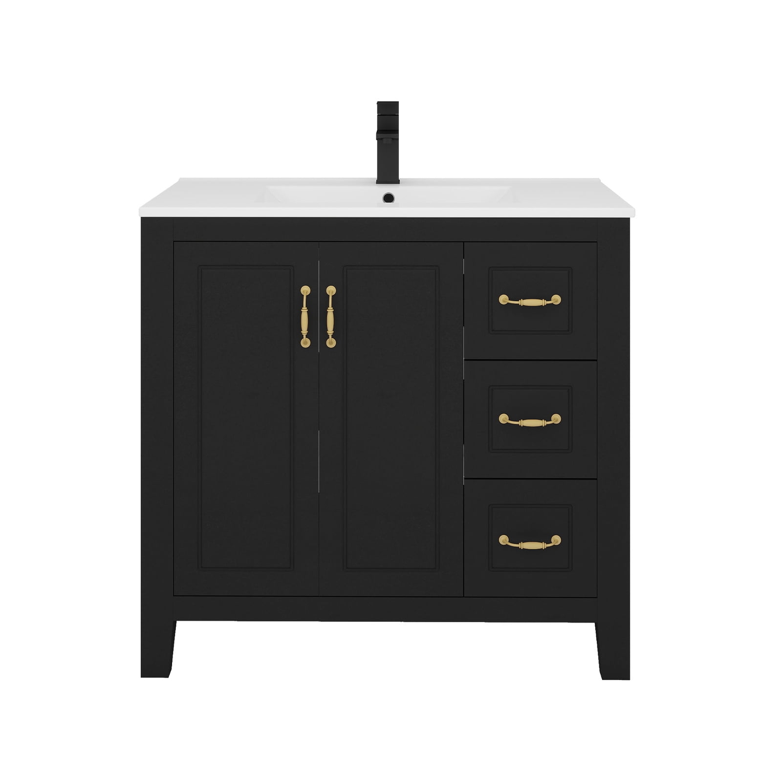 FULLWATT 36" Bathroom Vanity, Painted Surface Solid Wood Frame Bathroom Storage Vanities Set with 3 Drawers, Louvre Design Cabinet with Sink, Black