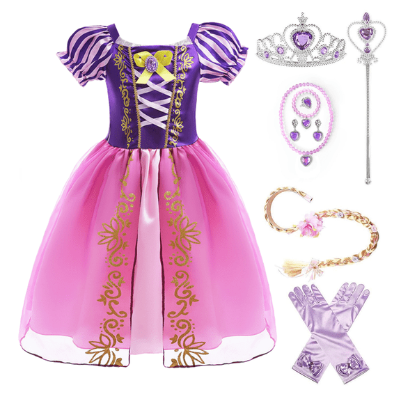 【Uhome】11Pcs Girls Dress Puff Sleeve Princess Costume, 3-12Years Girls Costume Purple(with Accessories)