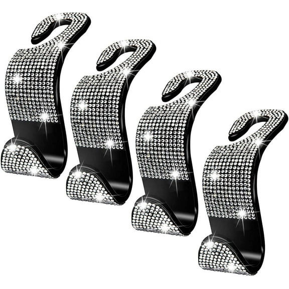 Car Seat Hooks Bling Crystal Headrest Hook for Women Girls, 4 Packs Auto Back Seat Hangers Rear Hook for Purse Handbag Clothes Grocery Bag (Silver)