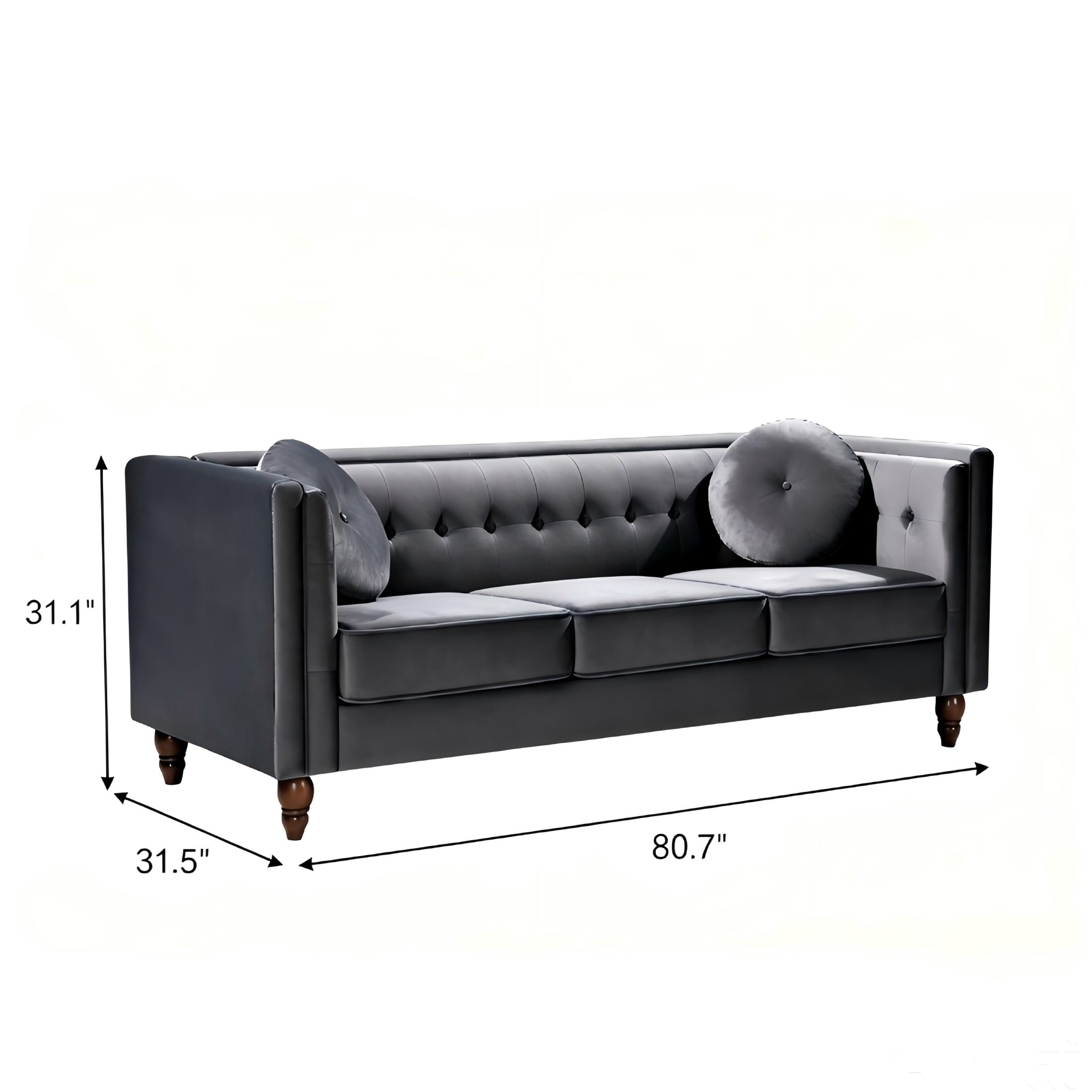 GDF Studio 80.7" Chesterfield Tufted Sofa with Square Arms, Crushed Velvet Upholstery, Gray