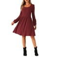 thumbnail image 2 of INSPIRE CHIC Sweater Dress for Women's Scoop Neck Pockets Stretchy Puff Long Sleeve Knit Dresses Wine L, 2 of 4
