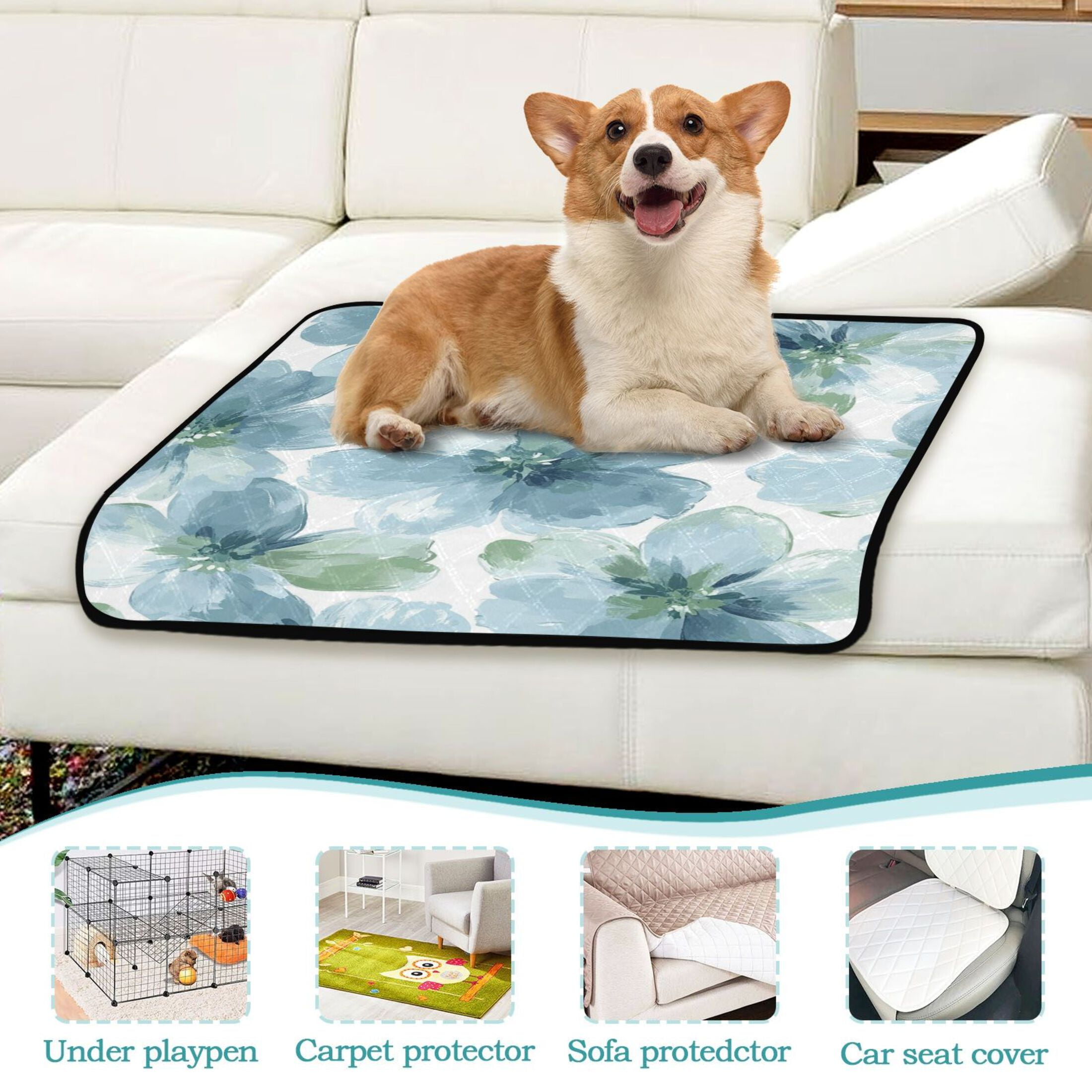 Qxltty Elegant Flowers in Shades Of Blue Cat litter Pads Pet Set of 3 Diaper Mats Center Anti-leakage Layer Absorbent Soft and Comfortable