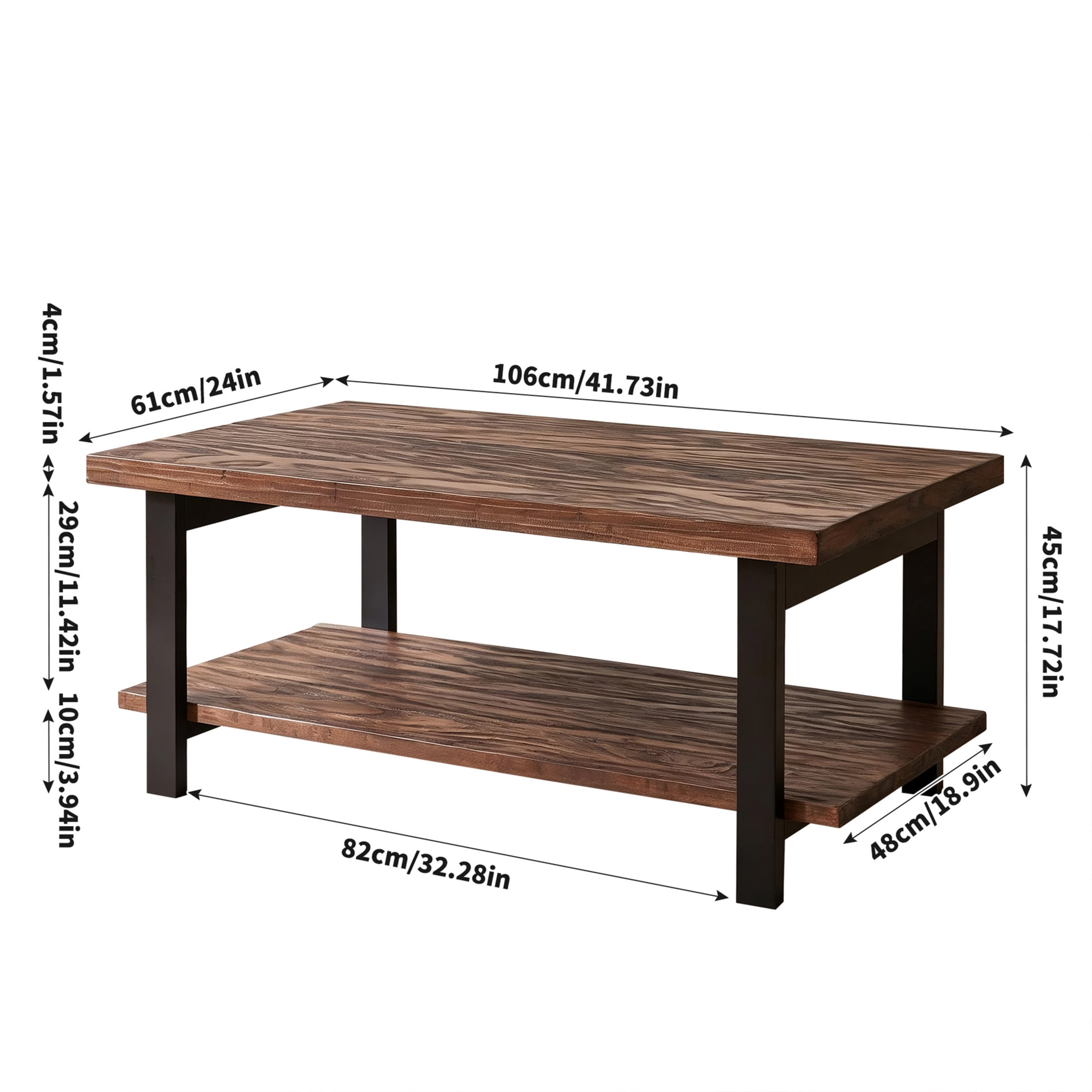 Noble House Caldon Rustic Rectangle Coffee Table with Solid Distressed Pine Top & 2-Tier Storage, Walnut & Black