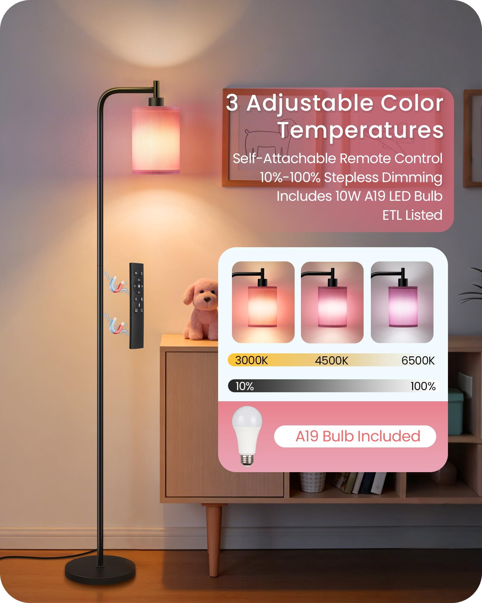 2pack Dimmable Floor Lamp For Living Room With Remote And Foot  Modern Standing Corner 10w Bulb 3 Color Temperatures Bedroom Office Etl Listed Pink P19ldp205