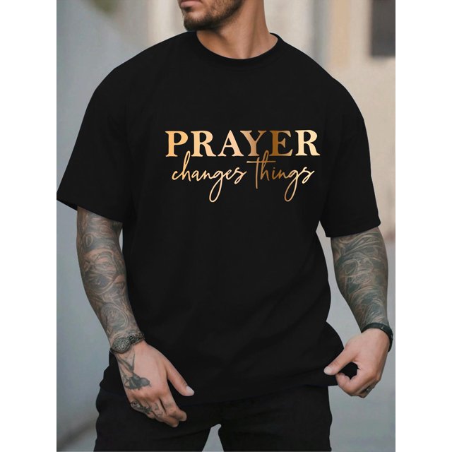 Camiseta informal para hombre, frase "La oración lo cambia todo", estampado geométrico, cuello redondo, manga corta, moda de verano, tejido de punto, poliéster, unisex. Para adultos, hombres, mujeres,