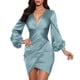 thumbnail image 1 of Vestido midi formal plisado para mujer - Vestido de cóctel con escote en V profundo y cremallera, 1 of 6