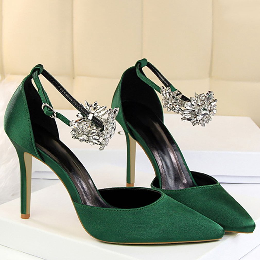 Elegant Silky Fabric Women High Heel Shoes Crystal Floral Pointed Toe