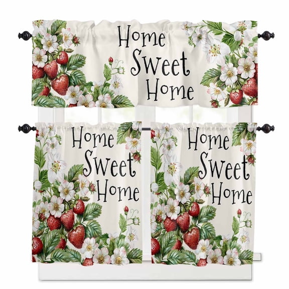 Home Sweet Home Kitchen Curtains Valances and Tiers Set of 3 Summer Red Strawberry Floral Tier Curtains and Valance for Kitchen Bathroom Small Windows 27.5"W x 24"L (Pack of 3)