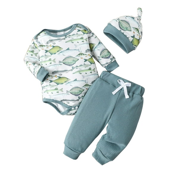 WIBACKER Newborn Baby Boy Clothes Fish Print Long Sleeve Baby Romper Waffle Pants w/Hat 3PCS Spring Fall Outfits