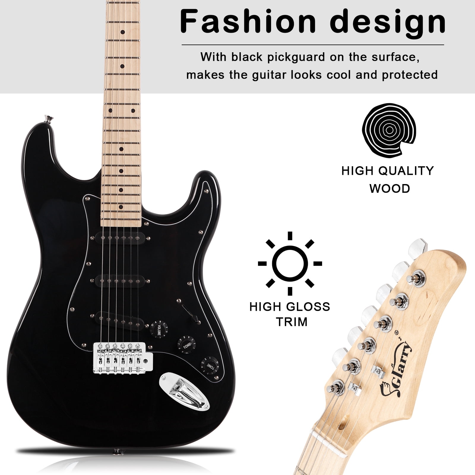 Glarry GST Electric Guitar Kit for Beginner, Full Size SSS for Starter with 20W Amp, Bag, Strap, Picks – Black