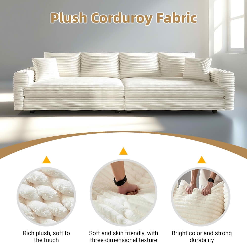 MAYEERTY 102.4" Plush Corduroy 4‑Seat Cloud Sofa, Modern Comfy Upholstered Deep Seat Couch with Soft Pillows, Convertible Sofa Lounge Chair for Living Room Bedroom