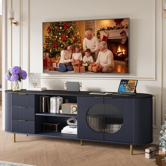Fluted TV Stand for 65 Inch TV, Modern Entertainment Center with Storage, Faux Marble Top, Curved Media Console, Blue TVs up to 80"