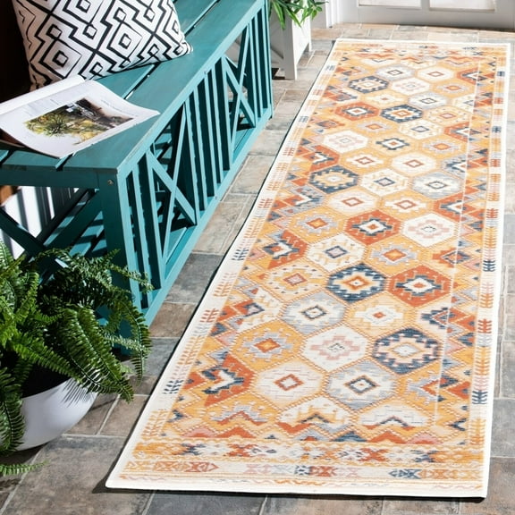 SAFAVIEH Sunrise Lara Geometric Reversible Indoor/Outdoor Runner Rug, Gold/Rust Blue, 2' x 8'