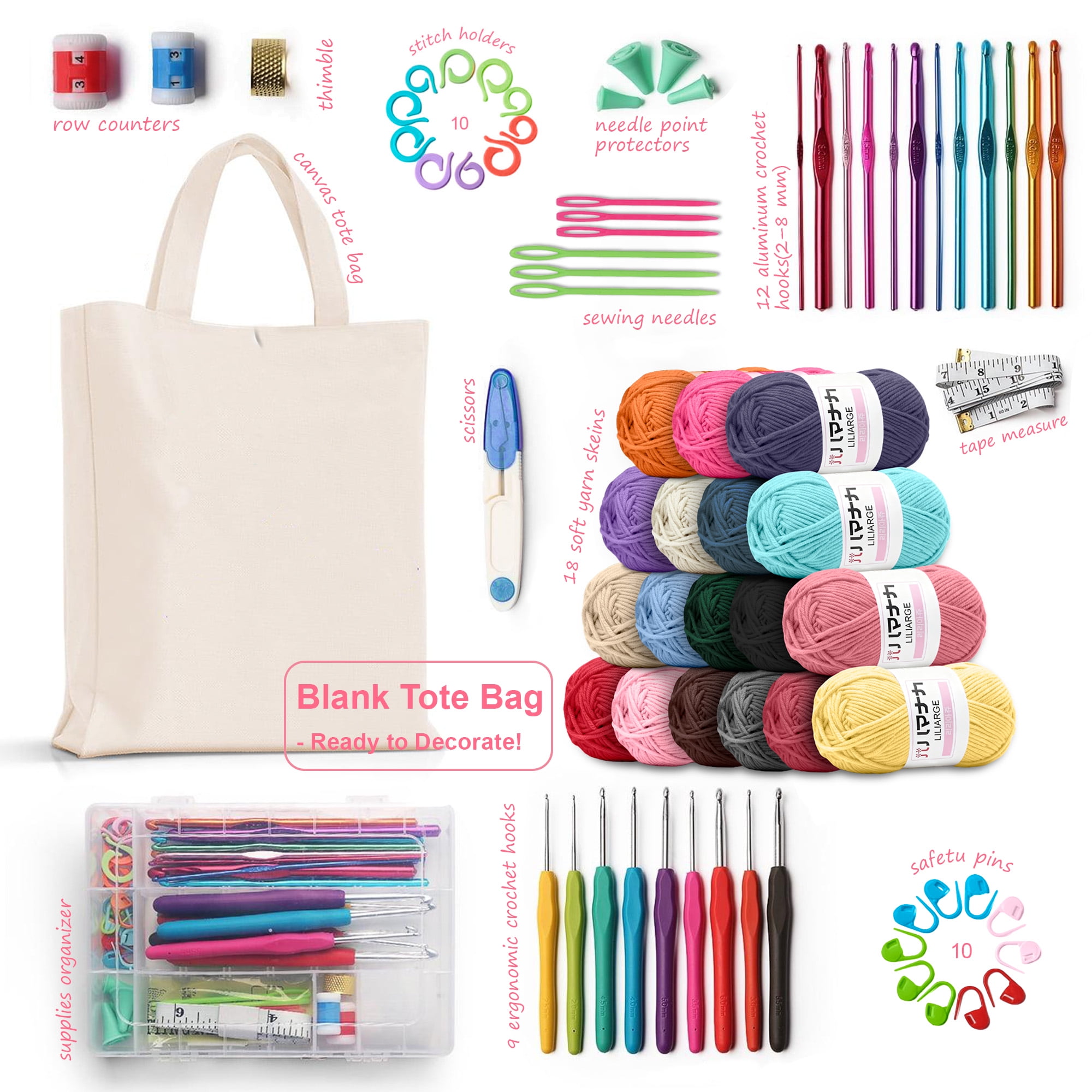 Cshidworld 76 Pcs Crochet Kit for Beginners Adults, Crochet Hook Set with 1260 Yards Yarn, 21 Crochet Hooks, Sewing Needles, Accessories and Canvas Tote Bag, Crochet Starter Kit Gift