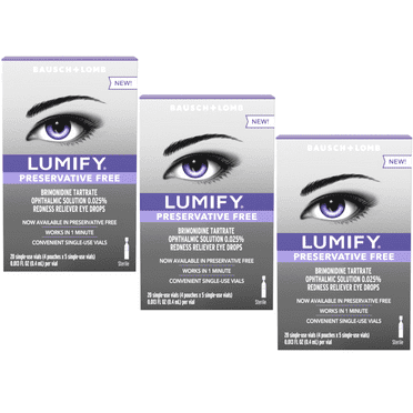 3 Pack - LUMIFY Redness Reliever Preservative Free Fast Acting Eye Drops, 20 Single Use Vials