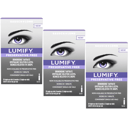 3 Pack - LUMIFY Redness Reliever Preservative Free Fast Acting Eye Drops, 20 Single Use Vials