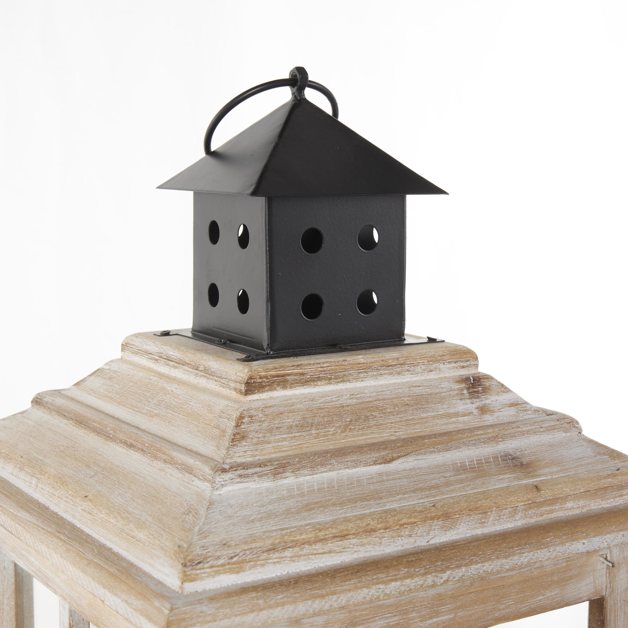 DecMode Light Brown Wood Light House Decorative Candle Lantern with Black Ring Handle