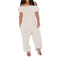 thumbnail image 3 of QATAINLAV Women's Loose Fit Short Sleeve Jumpsuits Casual Off Shoulder Rompers Solid Color Beam Foot One Piece Pants with Pockets Plus Size Prime Sales Today Clearance White M, 3 of 6