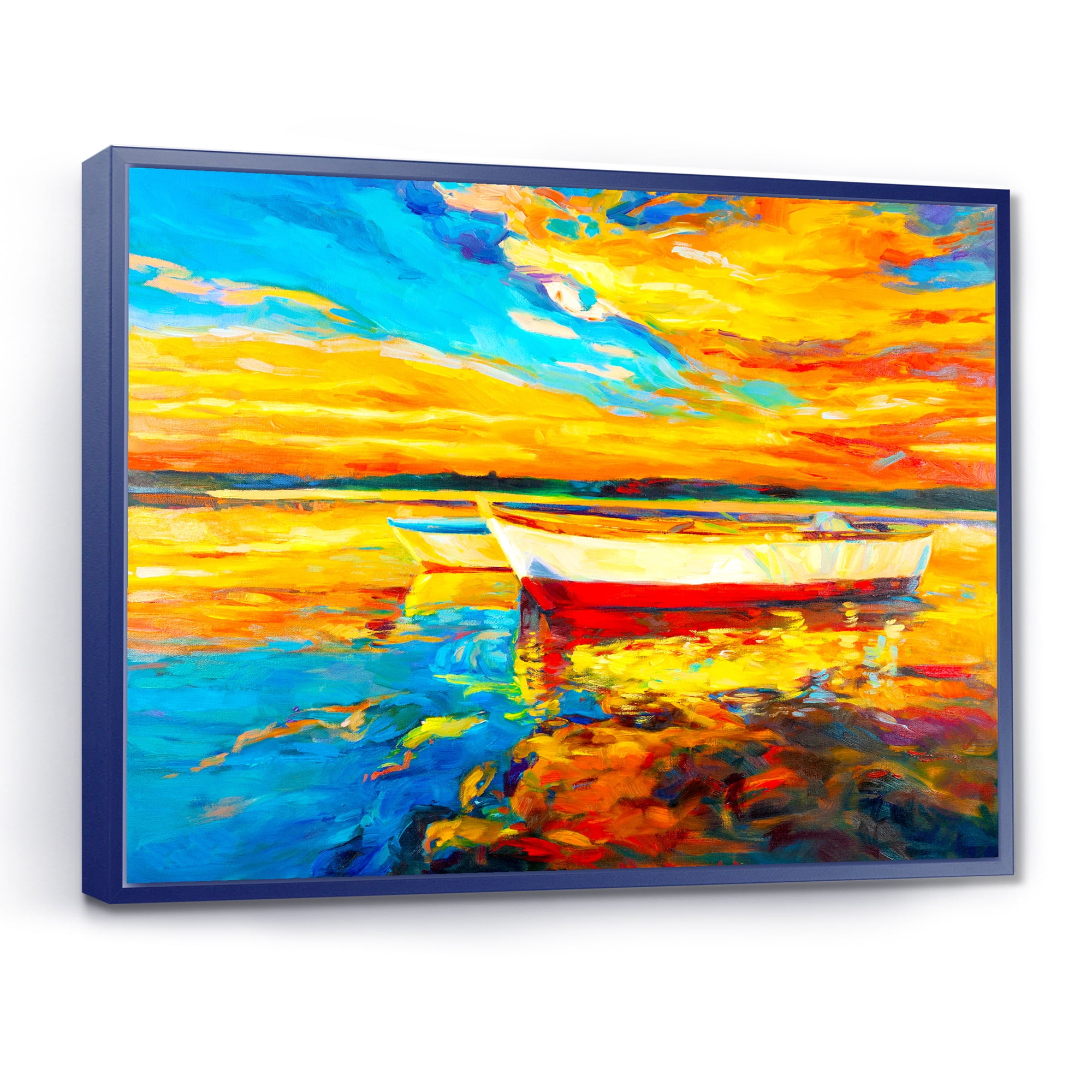Designart 'Red and White Boats By The Pier At A VIbrant Sunset' Nautical & Coastal Framed Canvas Wall Art Print