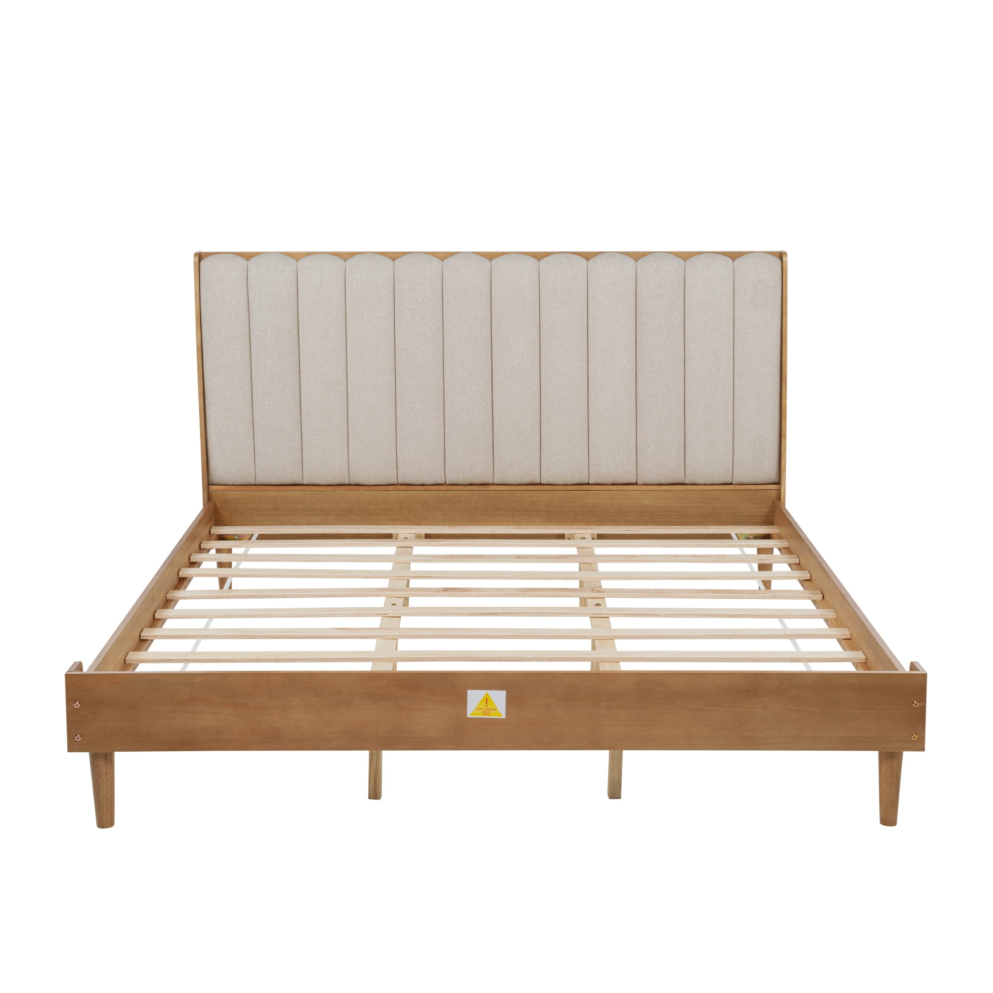 HOQBN King Size Wood Bed with Piano Key Style Upholstered Headboard , Wood Bed with Strengthened Bed Frame, Wheat
