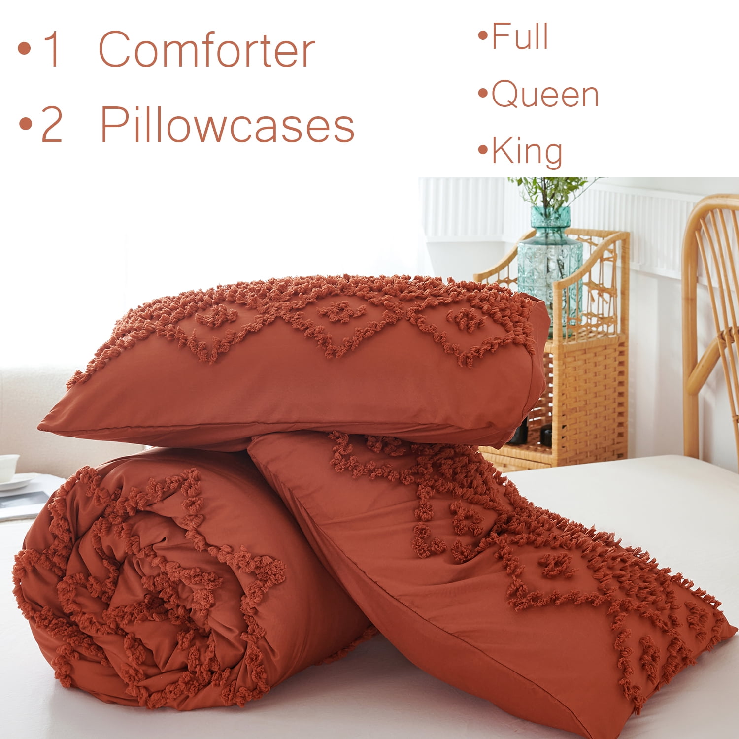 RYNGHIPY King Comforter Set Tufted Jacquard Bedding Set 3 Pcs Boho Bed Set for Girls Women Men Farmhouse Style Shabby Chic Bedding (King, Caramel)