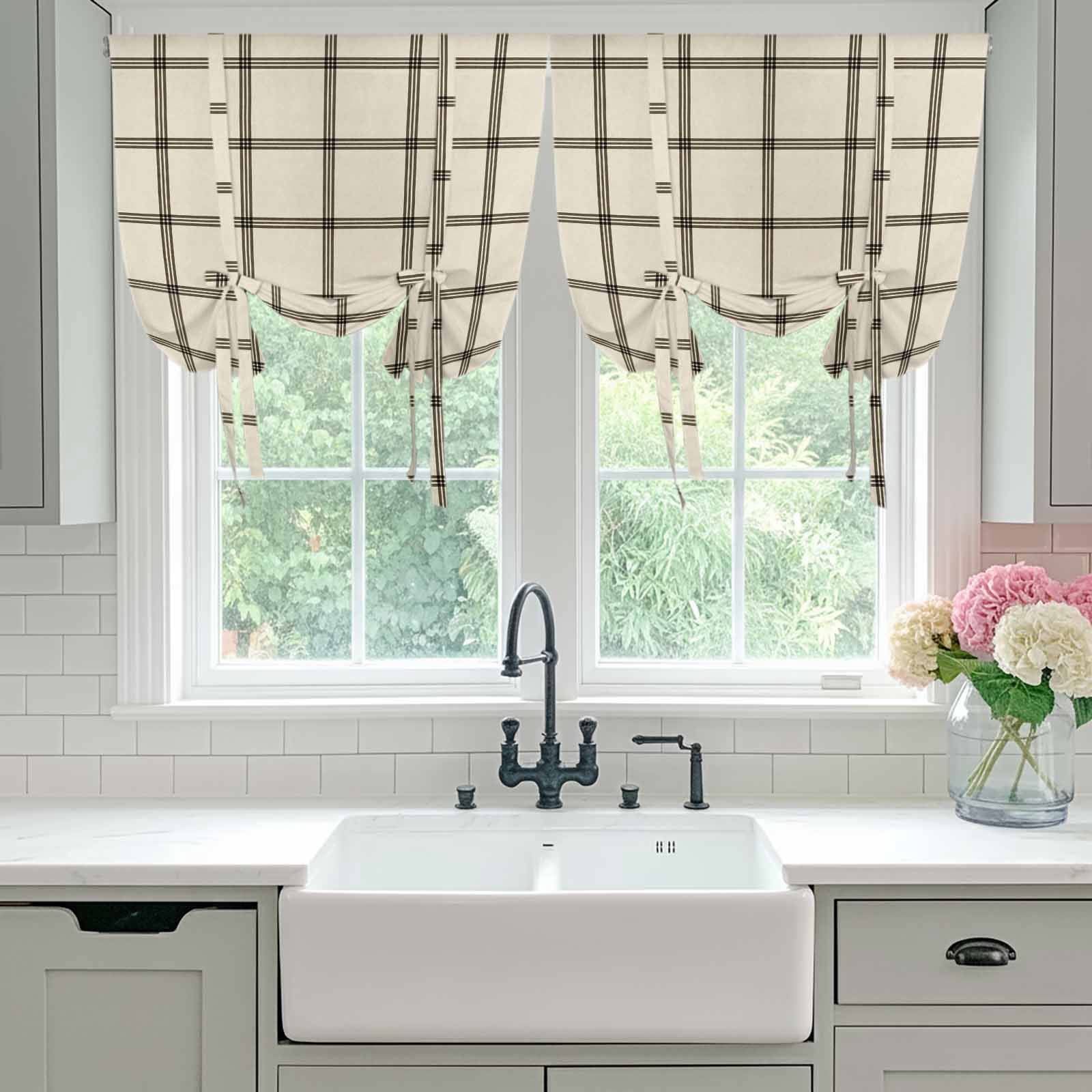 Linen Buffalo Check Tie Up Curtains 45 Inches Long, Kitchen Window Curtains Over Sink, Retro Black Lines Grid Pattern Small Window Curtains Shade Balloon Curtains Valances for Bedroom/Cafe 34"x45"