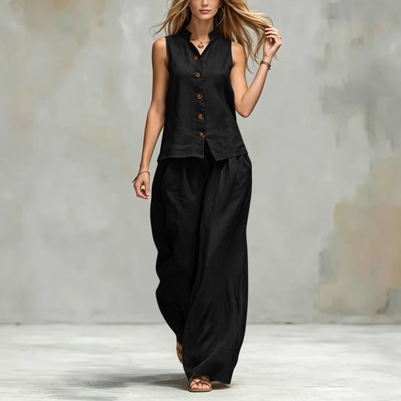 Mifsaly Two Piece Vacation Sets for Women Sleeveless Button Down Shirt and High Waisted Wide Leg Palazzo Pants Lightweight Flowy Summer Matching Lounge Outfits with Pockets Black,XXL