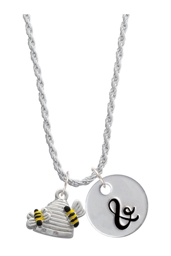 Silvertone Beehive with 2 Bumble Bees Silvertone Script Initial Disc - & - Charm Necklace, 20"+3"