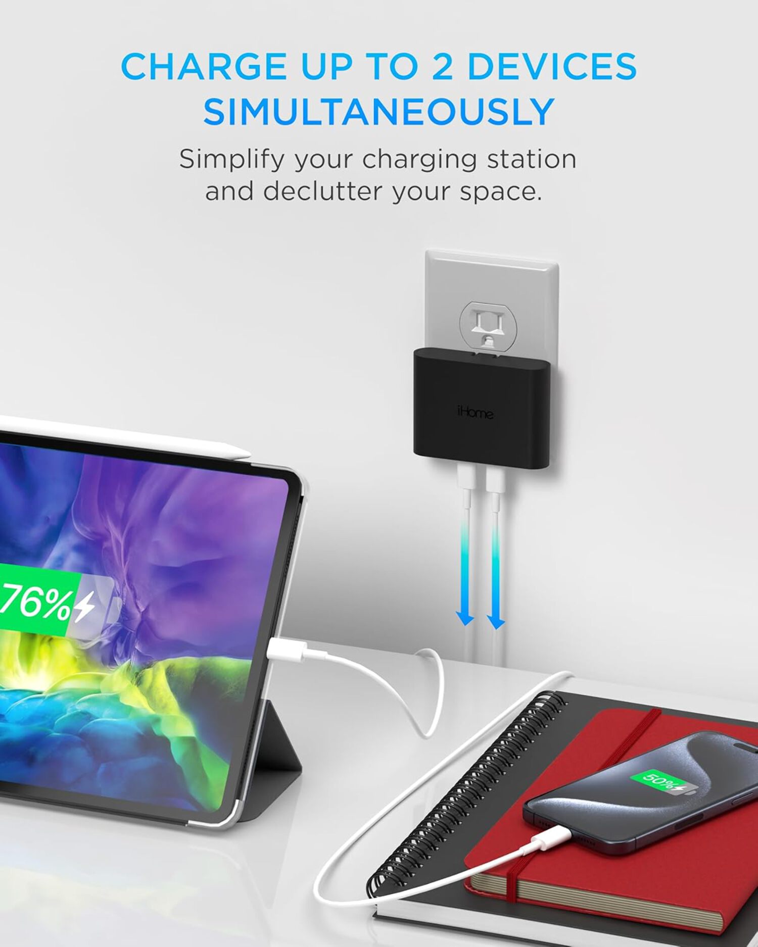 iHome 40W USB-C Multiport Wall Charger, 2-Port AC Adapter, Dual Fast Charging