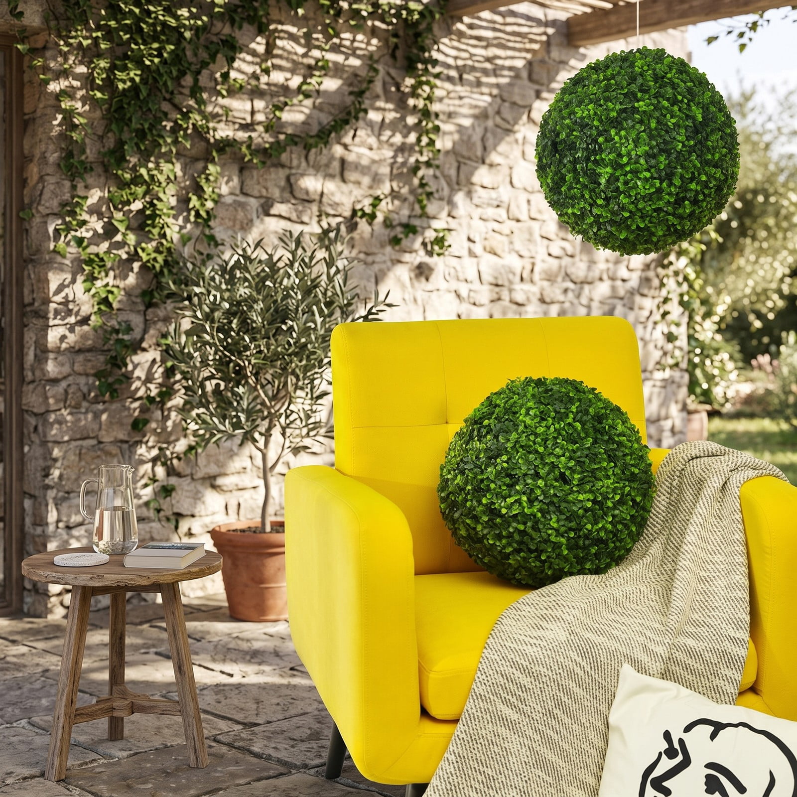ALPULON 2 Pieces Artificial Boxwood Topiary Ball Tree Set Faux Greenery UV Protected Fade Resistant Plants for Indoor Outdoor Home Office Shop Doorway Decor, Green