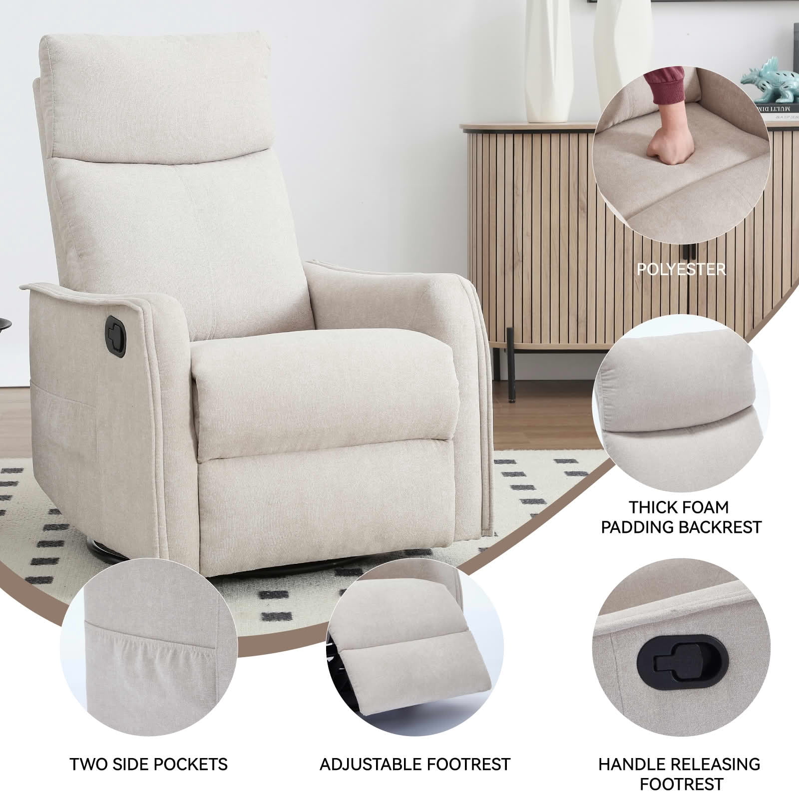 MAYEERTY Beige Heat Massage Recliner Chair, 360° Swivel Rocker 27"x36"x40" for Living Room