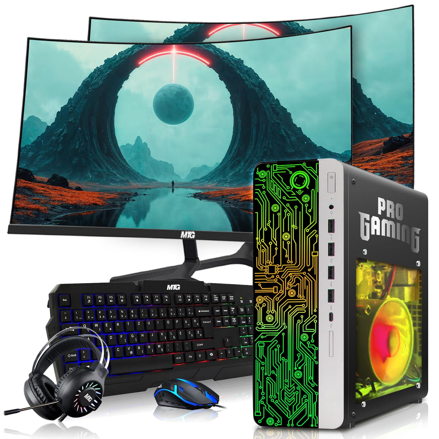 Restored HP G4 Gaming Desktop Computer PC Black Intel i5,16GB RAM,256GB SSD OS + 2x500GB HDD,Dual 32 Inch Curve Monitor,GT 730 Graphics,RGB KBM with AI Copilot,WiFi,RGB Headphone,Windows 11