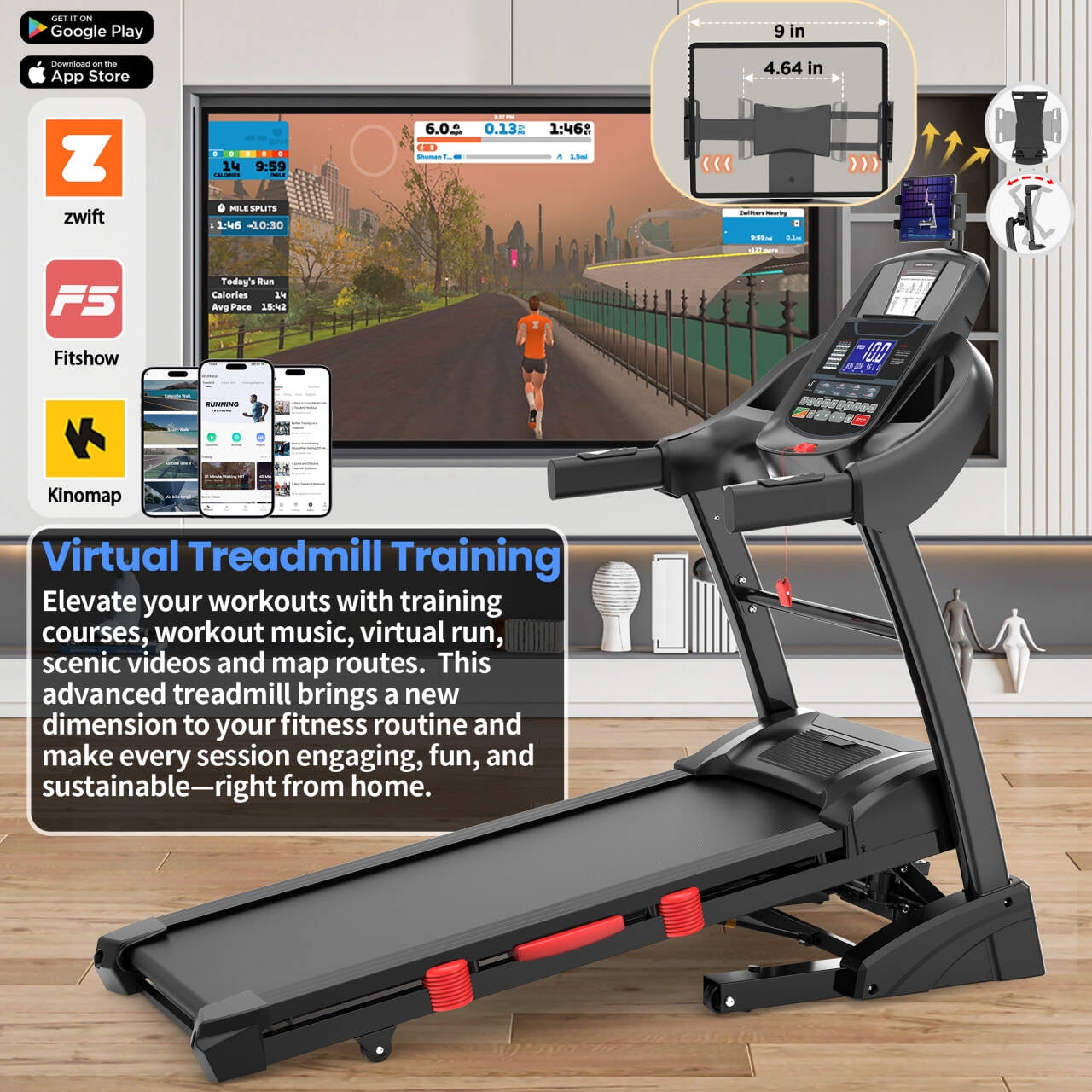5HP Foldable Treadmill for Home w/ 20% Auto Incline, 400lbs Capacity, 12MPH Portable Treadmill, 64+7 Programs, Personalized Workout with APP, Running Walking treadmill