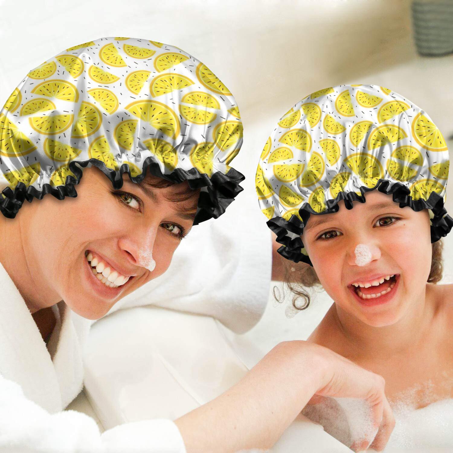Shower Caps,Yellow Lemon Fruit Slices White Pattern Waterproof Shower Cap for Women 4 Pieces,Double Reusable Hair Cover for Shower PEVA Elastic Stretch Hem