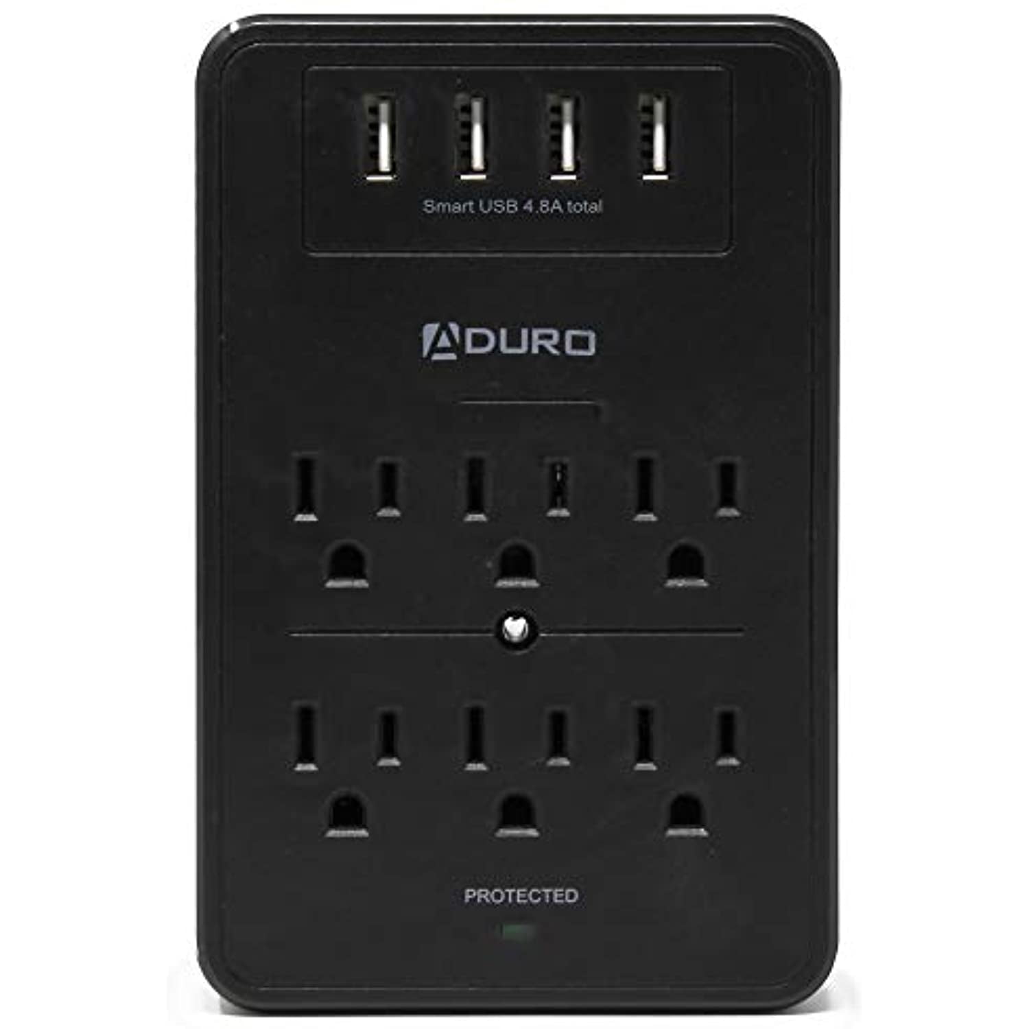 Aduro Surge Protector 6 Outlets Power Strip Station with USB (4 Ports 4.8A) Wall Mount Multiple Outlet Splitter Extender Adapter with Phone Shelf Stand ETL Listed Black