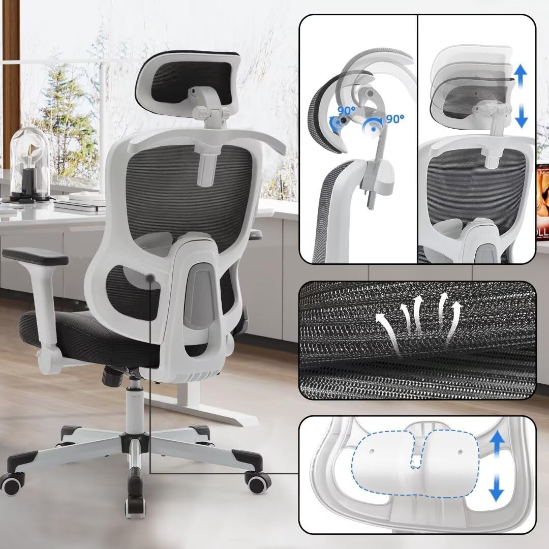 Frelaxbone Adult Mesh High Back Indoor Residential Adjustable Armrest Office Chairs, Caster  White