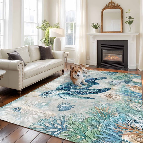 Blue Teal Turtle Coastal Large Area Rugs 8x10 ft Summer Beach Ocean Nautical Coral Washable Rug Non Slip Indoor Carpet Absorbent Floor Mat for Living Room Bedroom Dining Room