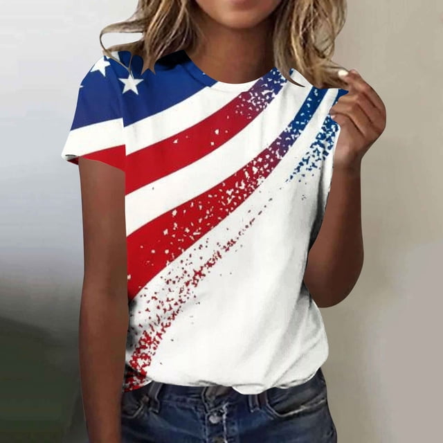 Pounoo T-Shirts pour Femmes Motif Étoiles et Rayures Manches Courtes Coupe Décontractée Chandails Légers et Confortables Hauts Style de Rue Décontracté Tenue de Fin de Semaine Cadeau