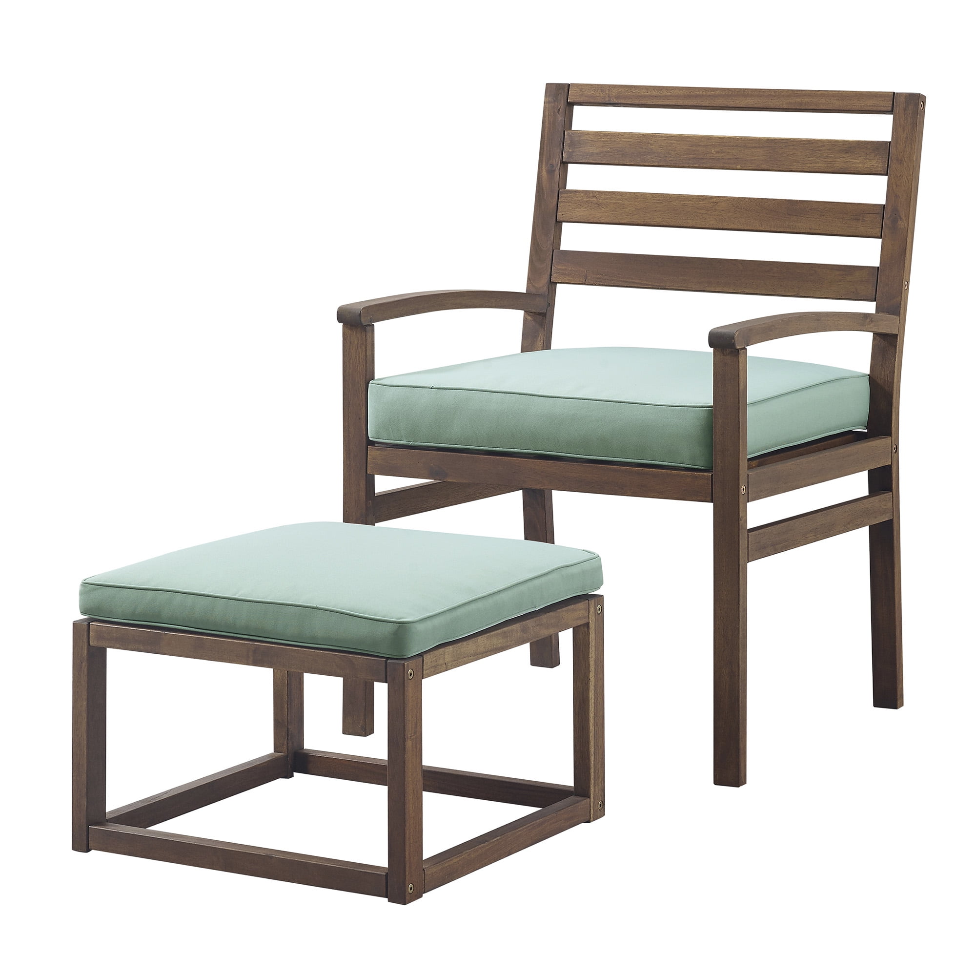 Walker Edison Acacia Wood Outdoor Patio Chair & Pull Out Ottoman - Dark Brown/Blue